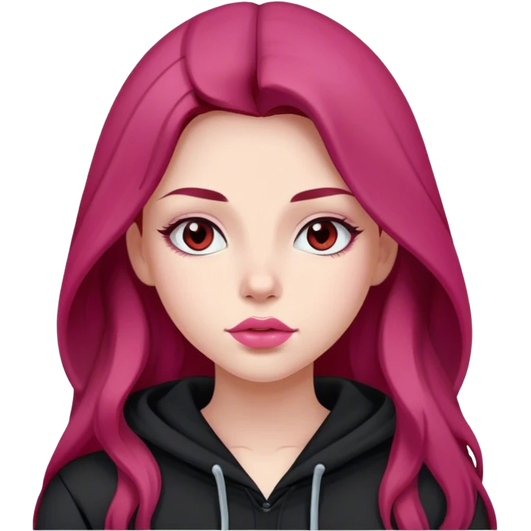 Dark red long hairt fair skinned Girl with pink lips wearing a  black colored hoodie  emoji