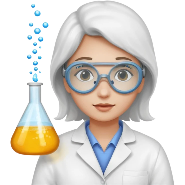A person wearing safety goggles and a white coat is experimenting with chemicals. emoji