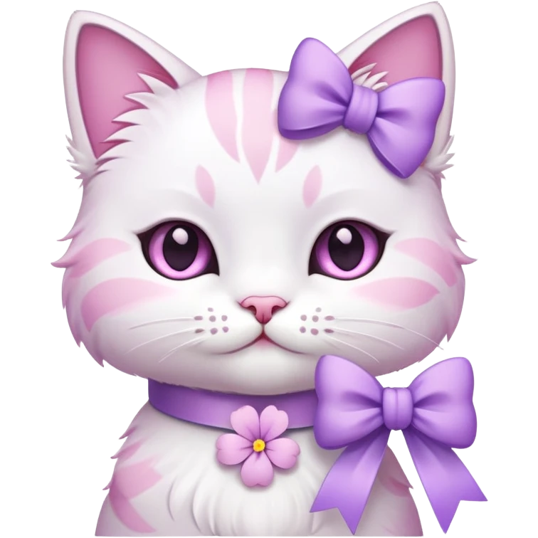 white and pink cat holding lilac flowers with a bow on its neck, emoji style emoji