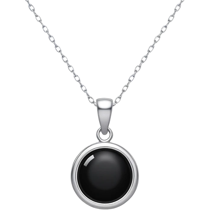 black onyx pendant with a faint white glow emerging from its center, symbolizing hidden power, on a delicate silver chain that flows like liquid emoji
