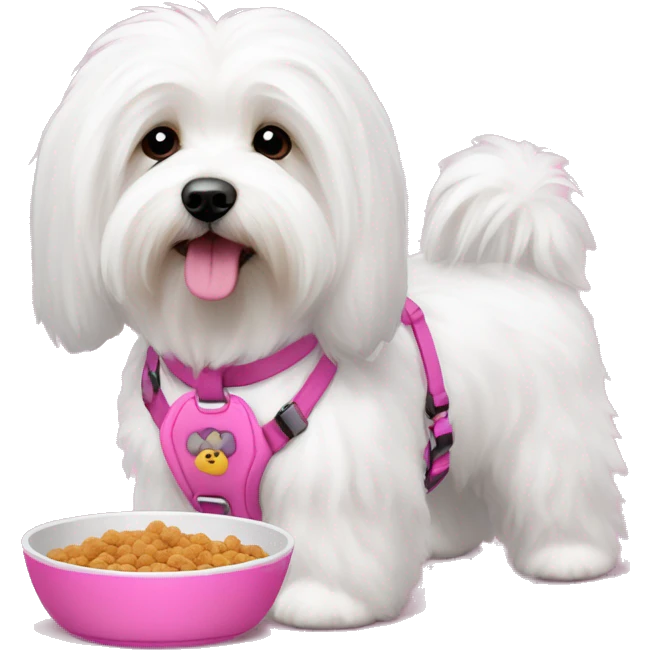 Long haired Coton de Tulear dog with pink harness and pink hair clip, pink dog bowl with kibbles emoji