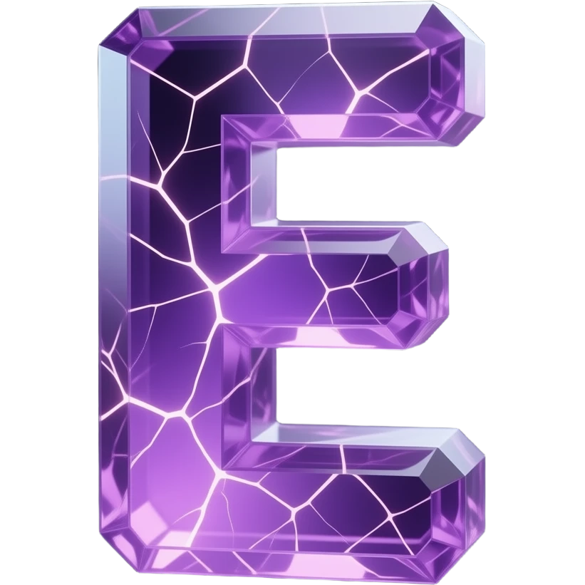 A hyper-realistic 3D letter 'E' carved from translucent purple amethyst, filled with glowing internal fractures. Volumetric lighting, cinematic glow, dark background, 8k resolution, emoji