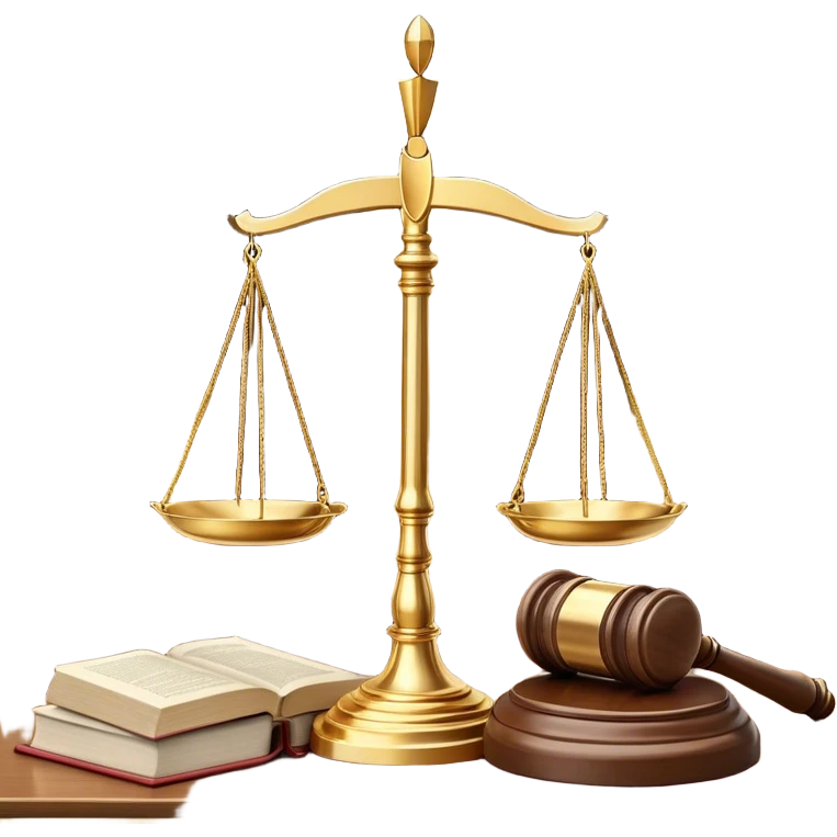 A balanced golden scale symbolizing justice, standing on a polished wooden judge's desk. Beside it, a wooden gavel rests near an open law book filled with legal texts. The background features a grand courthouse with tall pillars, exuding a sense of authority and fairness emoji