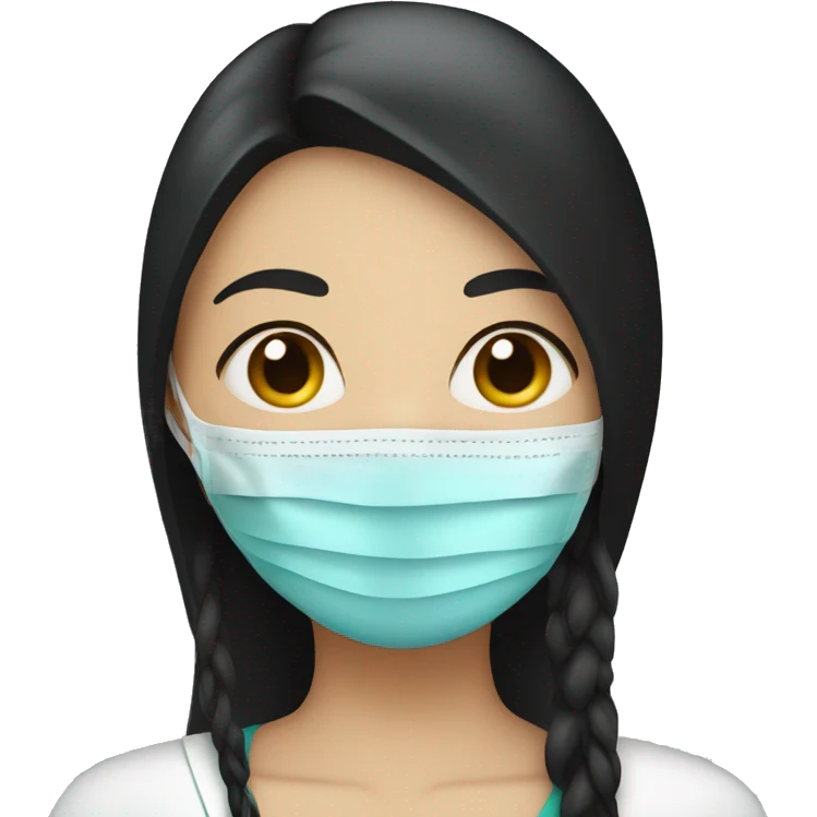 White skin woman with black straight long hair wearing medical mask   emoji