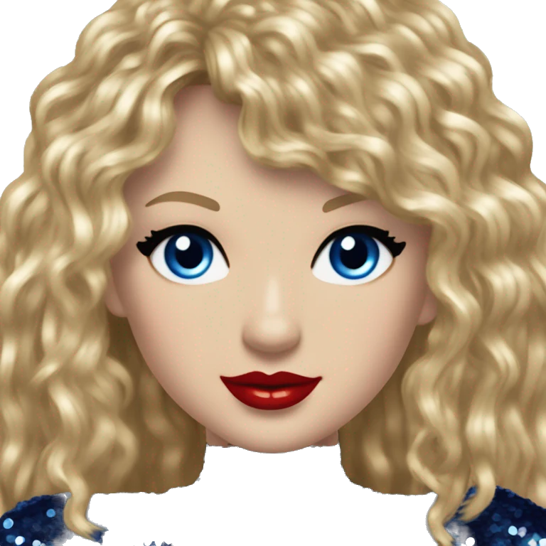 Realistic Taylor swift wearing navy blue glittery sequin bodysuit with tassels and gems and long hair with red lipstick and blue eyes  emoji
