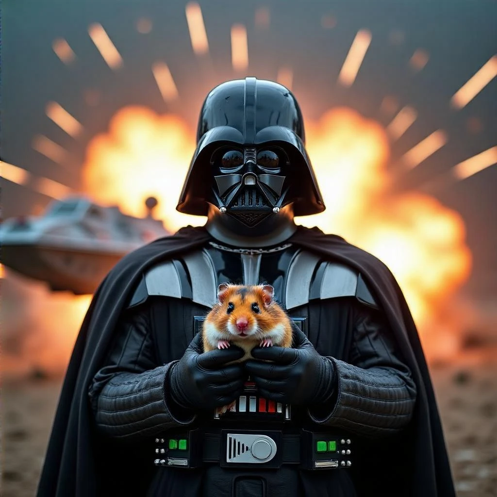 Cinematic still, Extreme Closeup Photo of a darth vader holding big hamster, low key light, explosion startship background with leading lines, back light, spot light emoji