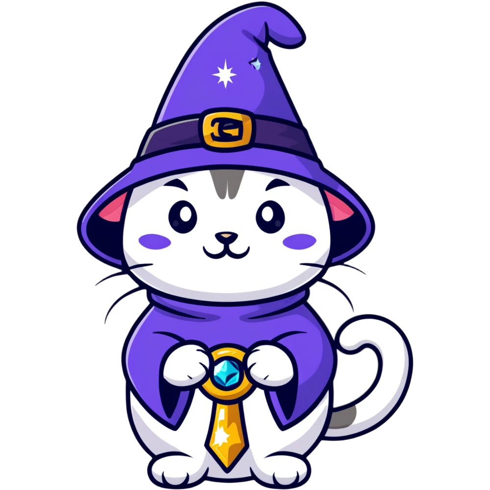 cute magical cat with wizard hat and sparkles emoji