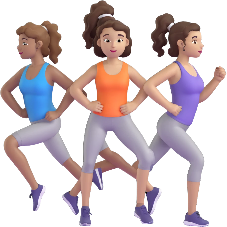three women friends exercising together, one black woman with curly brown hair, one pale white woman with curly brown hair, and one pale white woman with straight brown hair in a ponytail emoji