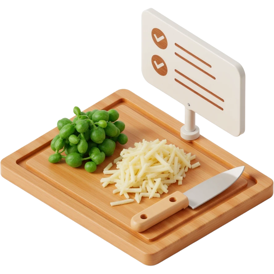Ingredients on teh wooden cutting board with floating list with check box emoji