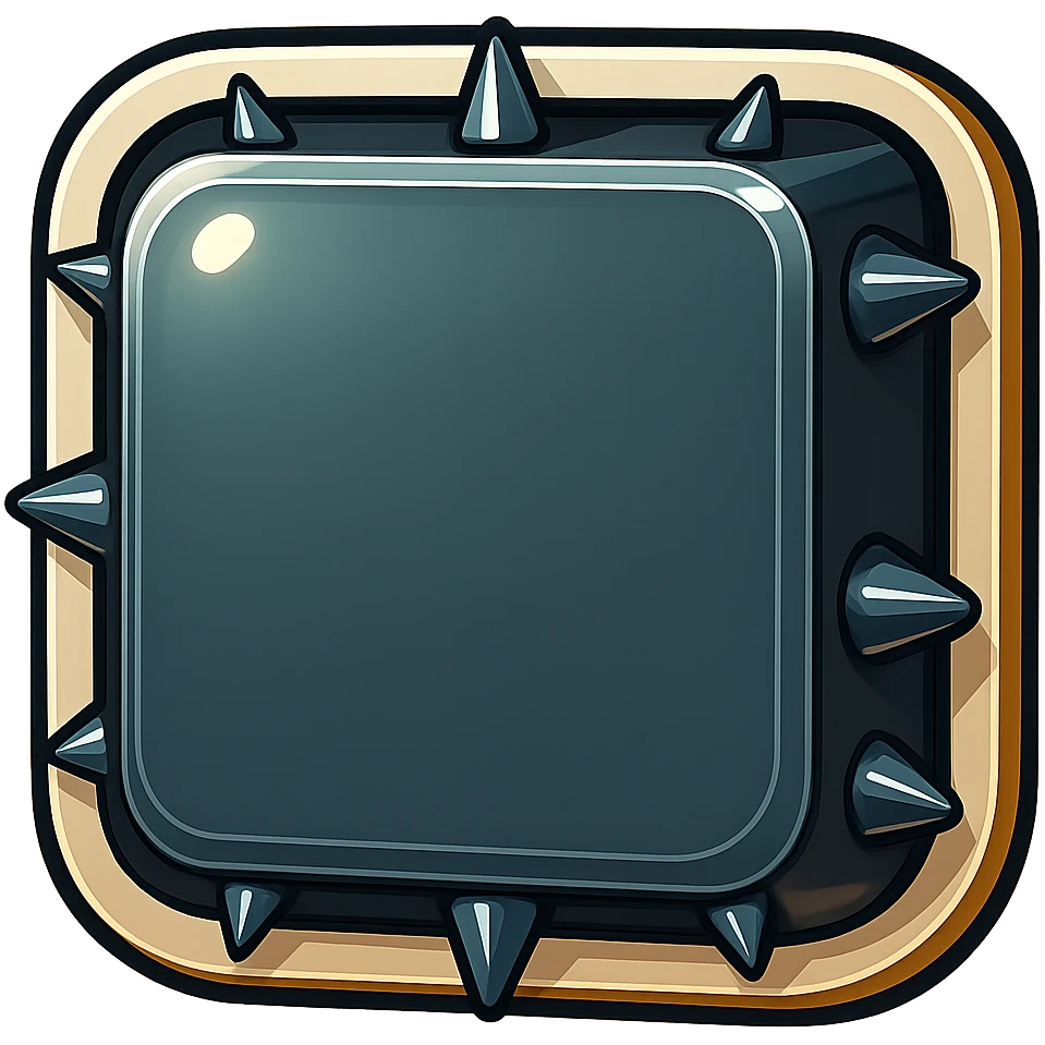 Add more short, fat spikes evenly spaced along each visible side edge of the metal slab, avoiding placing spikes on the corners. Keep the large front face blank. Maintain the retro sticker style with a transparent background. emoji