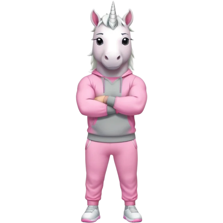 friendly anthropomorphised male white unicorn with a fit, chunky, muscular and strong physique, arms and legs matching the white of the head, wearing grey tracksuit pants and pink jumper, sunglasses, standing with arms folded emoji