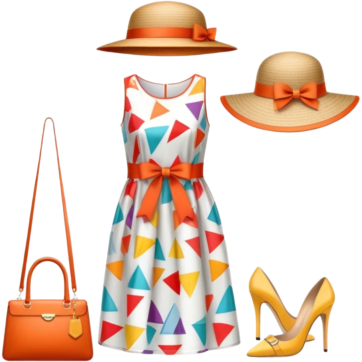 Icon for Fashion Design: a pattern of a bright, beautiful dress with measurements, a ruler, and pencil, along with a hat, shoes, and a handbag. The icon should represent fashion design with attention to detail and style. Transparent background. emoji