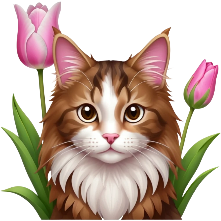 A cute  little  brown and white Maine coon and Pink tulip emoji