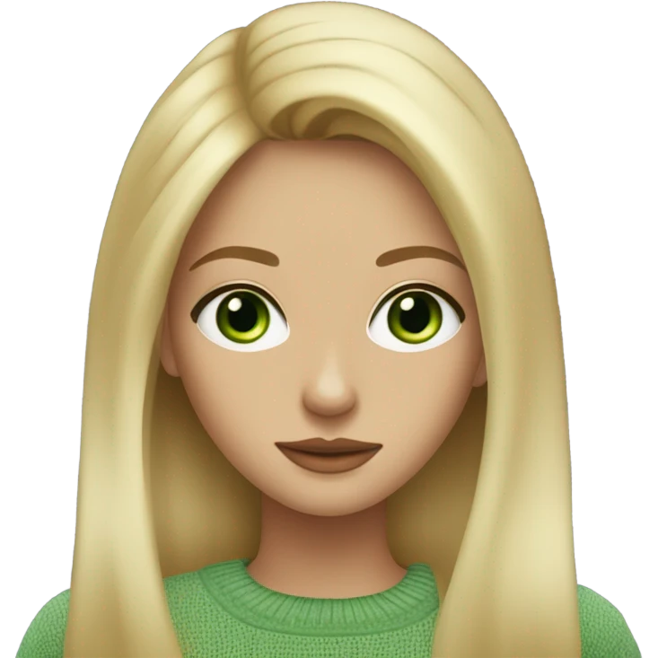 blonde girl with green eyes, smooth skin, sweater, long blow out hair, baddie, middle part emoji