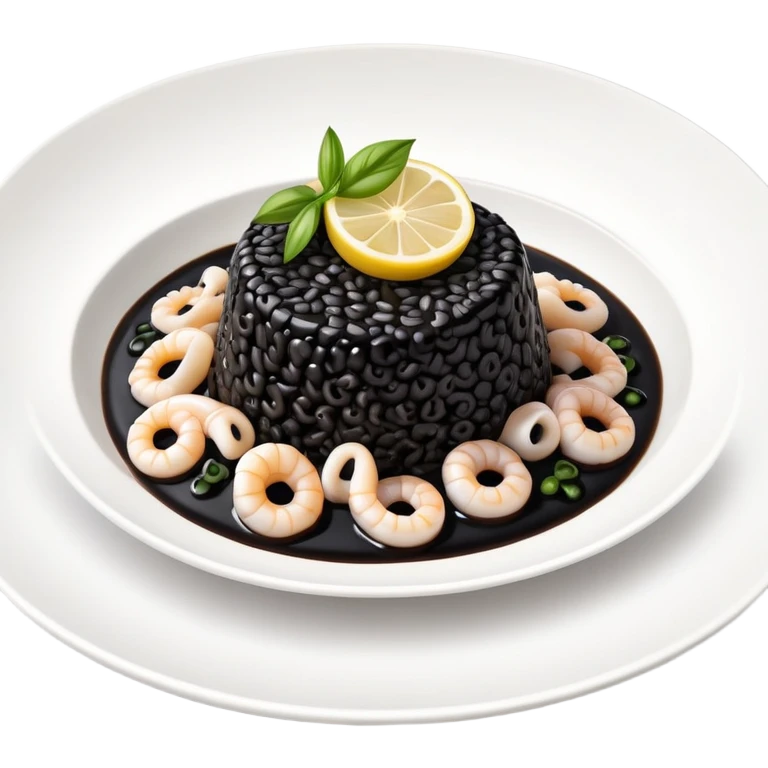 cinematic-realistic-black-risotto-dish-emoji,-showcasing-small squid pieces in black sauce -rendered-with-bold-textures-and-dynamic,-dramatic-lighting in a white plate with a grilled lemon on top emoji