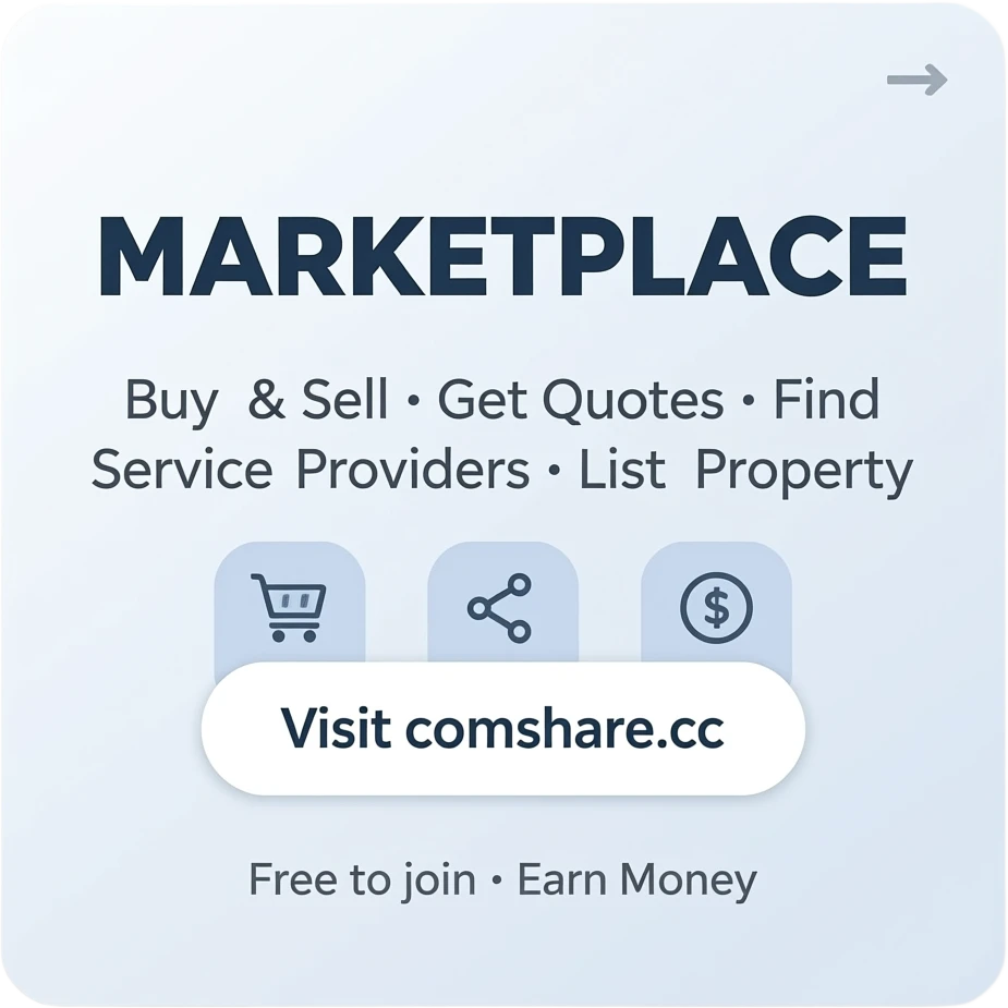 Title: ComShare Main heading: "MARKETPLACE" Subtext: "Buy & Sell • Get Quotes • Find Service Providers • List Property" Call to action: "Visit comshare.cc" Bottom text: "Free to join • Earn Money".  Include subtle icons for shopping, sharing, money. Modern look. emoji