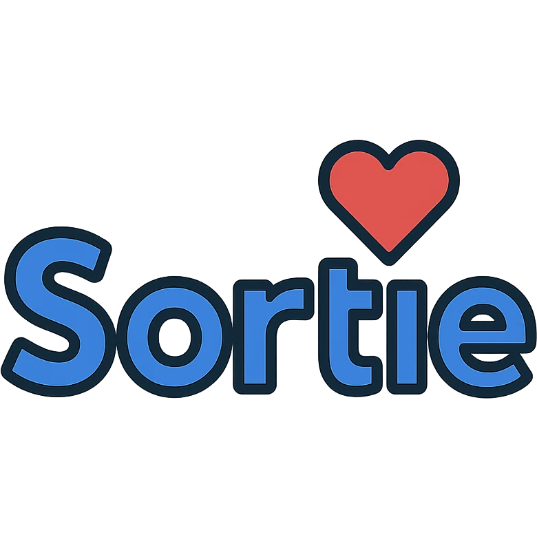 the word 'Sortie' stylized like a logo with a minimalistic and discreet heart, transparent background emoji