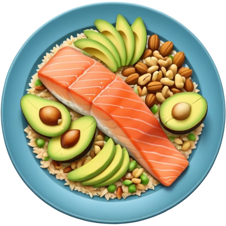 plato con comida variada granos aguacate salmon nueces arroz emoji