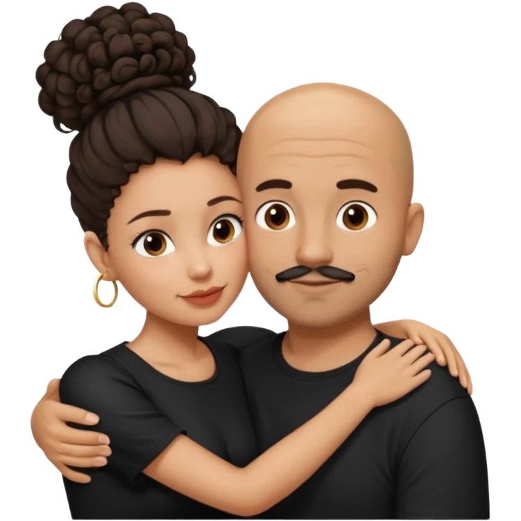 A picture of a tanned couple embracing. the man is a Mexican man with tanned skin, a bald hair cut, short beard and wearing a black shirt. the woman is mixed, with curly dark brown hair in a big messy bun and with big boobs  emoji