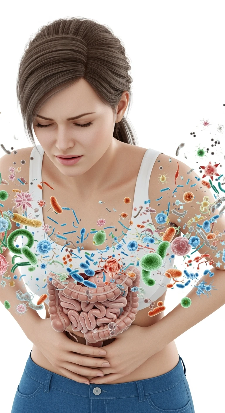 DONNA CON MAL DI PANCIA E INTESTINO UMANO ANATOMICO VISIBILE, BATTERI INTESTINALI FLUTTUANO INTORNO, IPERREALISTICO 4K, SFONDO BIANCO emoji