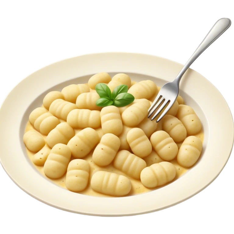 Gnocchi Cinematic Realistic Gnocchi Dish Emoji, depicted as tender oblong potato gnocchi garnished with iconic fork marks on top, rendered with soft textures and warm, inviting lighting. emoji