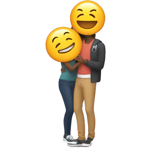 A person excitedly tagging a friend with a digital "tag" attached, both smiling broadly. emoji