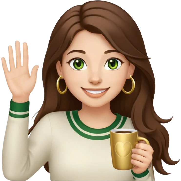 Long, Brown haired girl with middle hair part, green eyes, gold hoop nose ring, smiling, waving with one hand, coffee mug in the other emoji