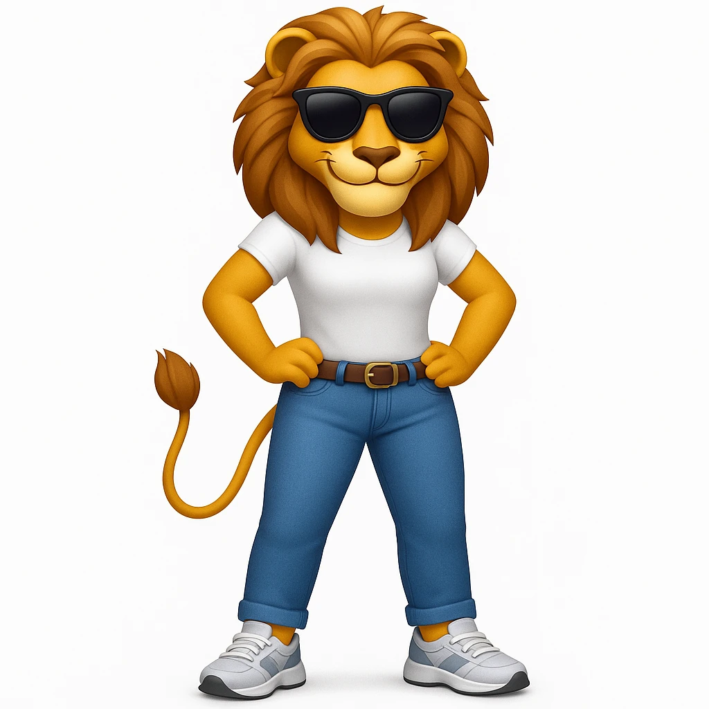 Add trainers (athletic shoes) to the friendly anthropomorphised female lion character, full body, standing confidently with legs shoulder width apart and hands on hips, wearing jeans, a white t-shirt, and dark sunglasses, with a confident smile in Apple emoji style emoji