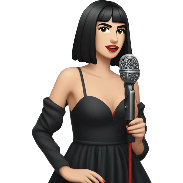 Dua Lipa, full body with black hair, wearing a long black dress with red shoes, singing with microphone in her hand emoji