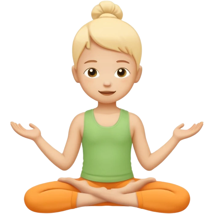 Flat illustration emoji of a small child practicing yoga, simple pose, calm and happy expression, soft pastel colors (yellow, green, soft orange), rounded shapes, minimal details, child-friendly, gentle and warm style, vector illustration, no background, cohesive style with kindergarten branding emoji
