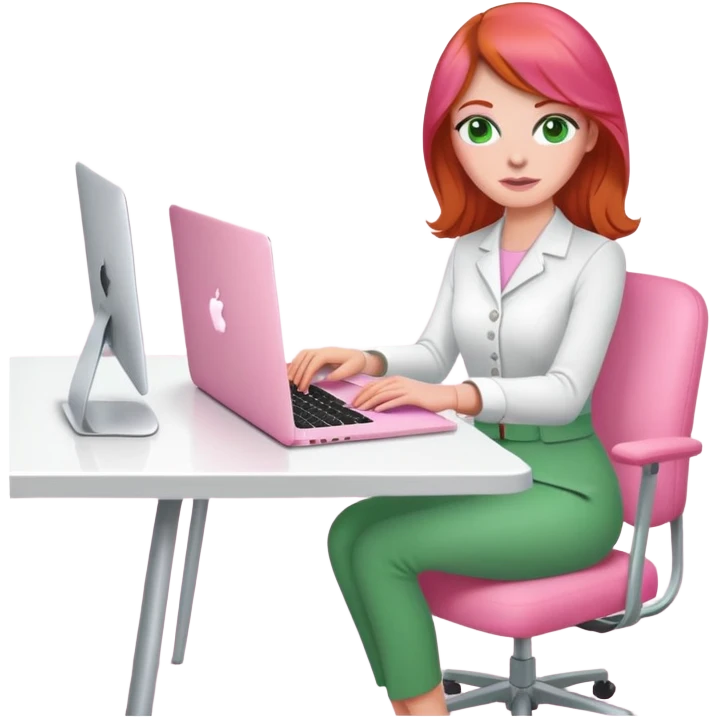 Red head green eyed life coach sat at desk with pink MacBook on pink chair emoji