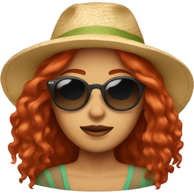 Woman with long red hair, sunglasses, and a beach hat emoji