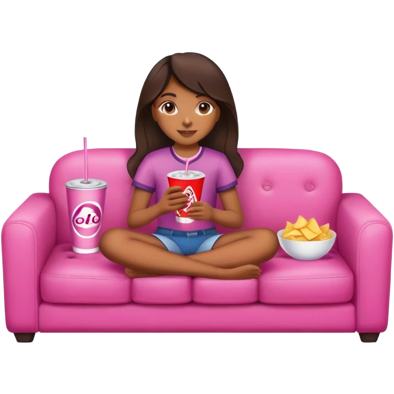 home brown girl with plate of chips and one soda drink, sitting at the pink sofa emoji