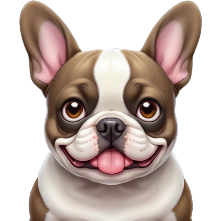 Cinematic Comical Pied French Bulldog Portrait Emoji, Head tilted with an exaggeratedly shocked, comical expression and wide, humorously expressive eyes, showcasing a distinctive pied fur of contrasting hues and a charmingly goofy face, simplified yet hilariously detailed, glowing with a sassy, playful radiance, high shine, exuding a mischievous and meme-worthy charm, styled with a soft glowing outline, capturing the essence of a Pied French Bulldog that looks ready to spark a viral laugh! emoji