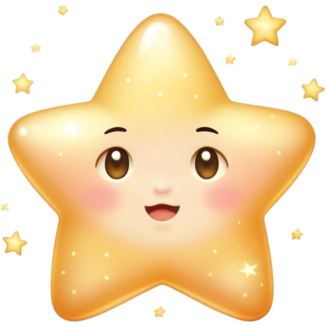 Cinematic cute sparkling star, chubby rounded edges, golden glow, tiny blushing cheeks, warm and gentle shine, twinkling softly in a pastel night sky. emoji