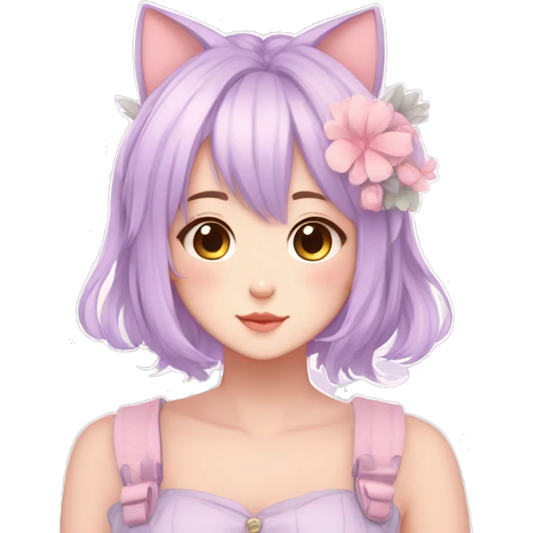 Gorgeous pastel anime girl with blushing face and hair garnitures and pretty hair and cat ears aesthetic trending style emoji