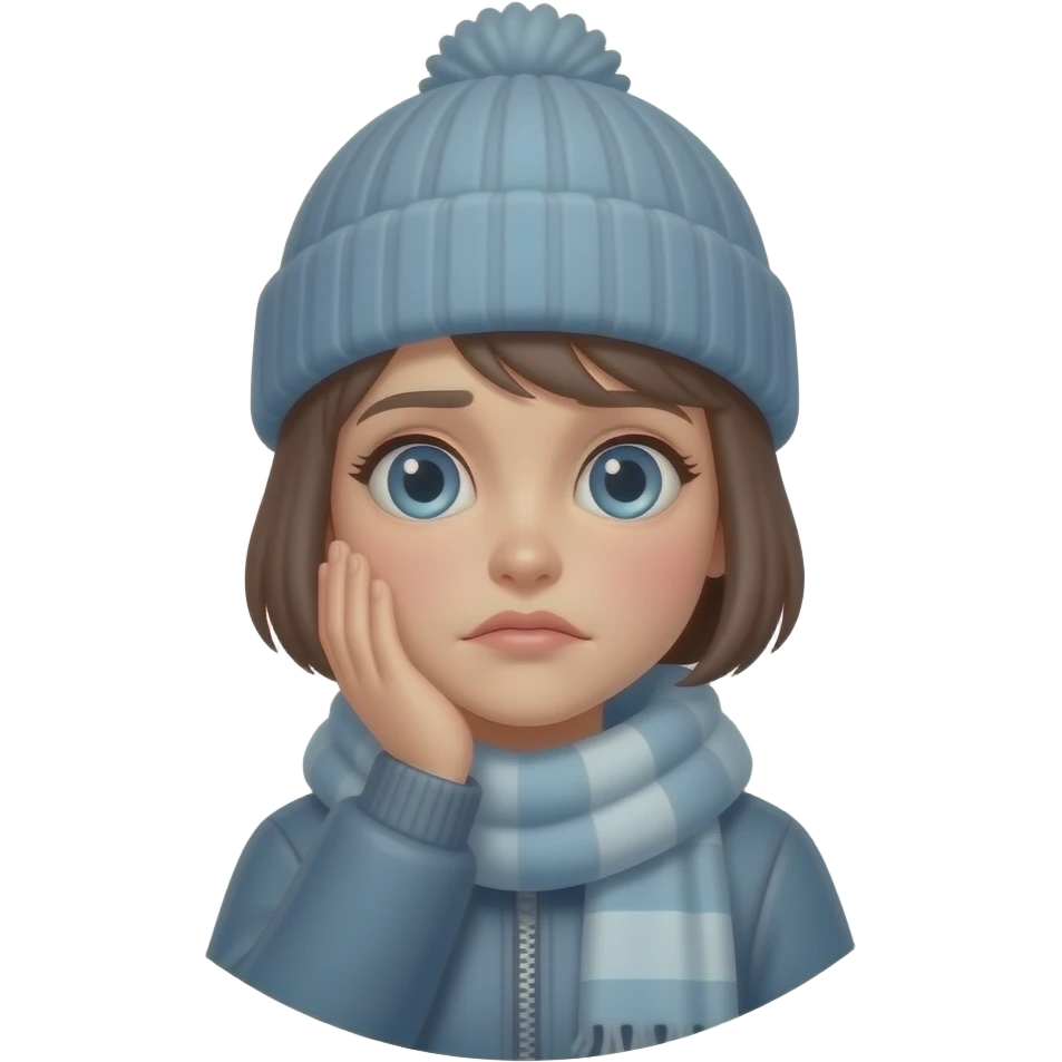 Tomgirl with short hair and beanie is shaking from cold. She is on a round Adderall pill.  She had one injured eye. emoji