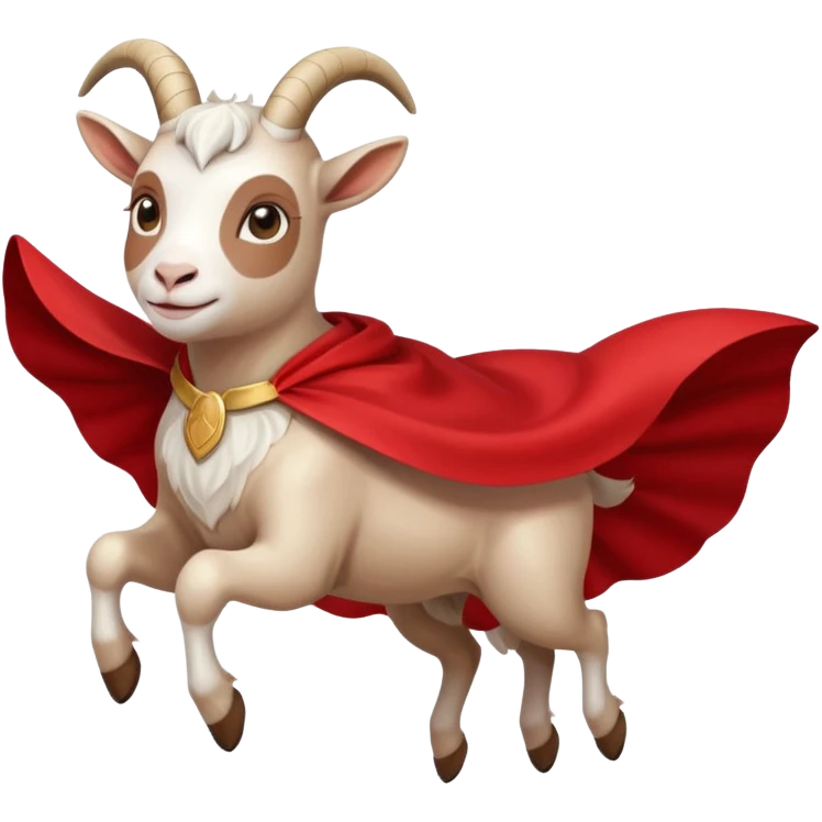 side view of white female goat wearing a read cape like superman emoji