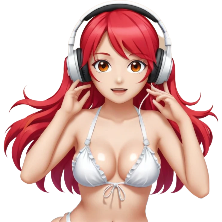 "A girl in anime cum with long red and white hair, big breasts and headphones, lying on a bed in a white bikini with ruffles, playful pose, bright colors, glossy shading, detailed eyes." emoji