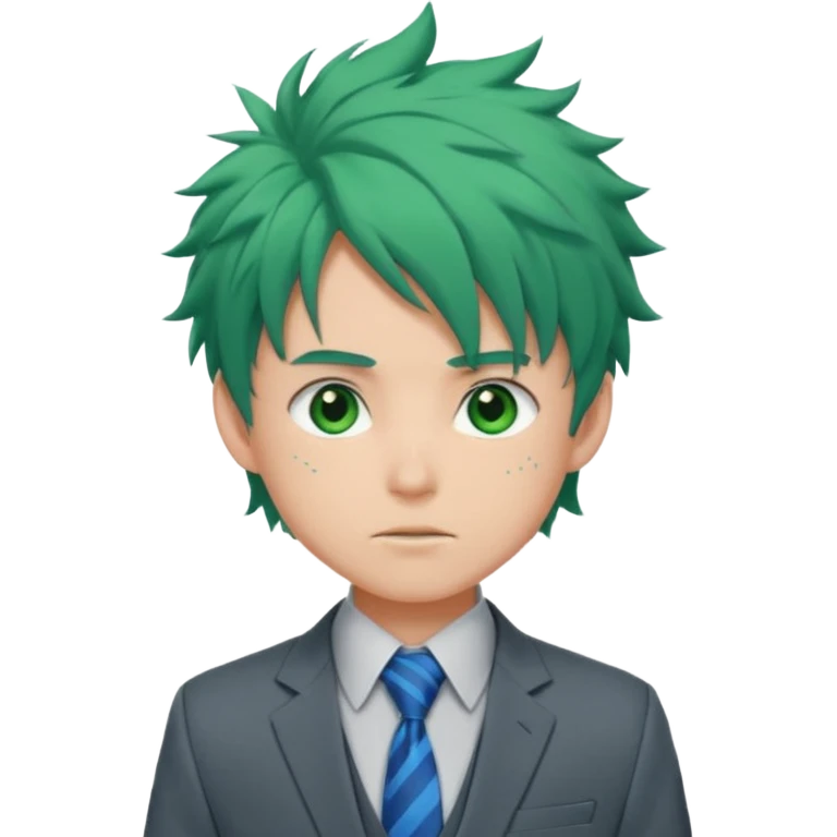 deku : boy anmie green hair green eyes in a ua gray jacket and blue tie suit with frenkles messy hair emoji