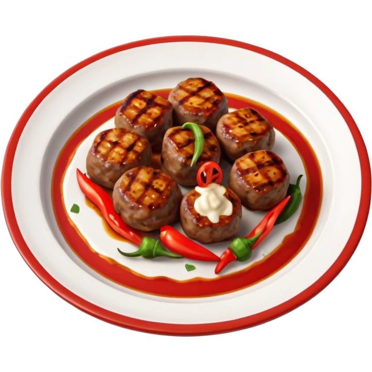 Akçaabat meatballs object icon, grilled Turkish kofte pieces on a plate, smoky char marks, juicy texture, served with grilled peppers and tomatoes, 3D cartoon, mobile game icon style, centered, clean background, no text, no watermark
 emoji