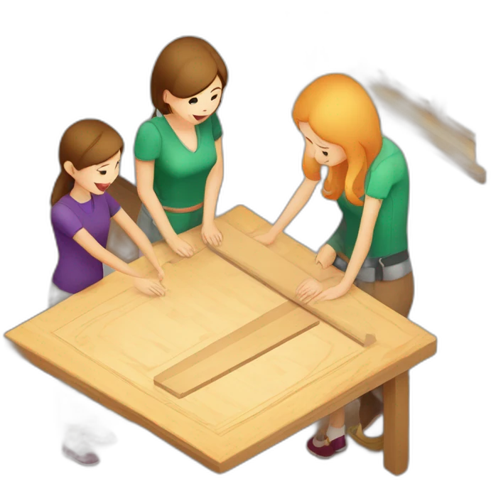 isometric square transparent solid outline border containing indoor woodworking teacher with student teaching in creative workshop on long table emoji