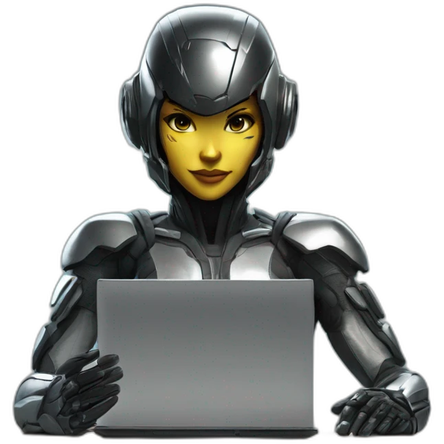 Girl developer behind his laptop with this style : Crytek Crysis Video game with nanosuit character hacker themed character emoji