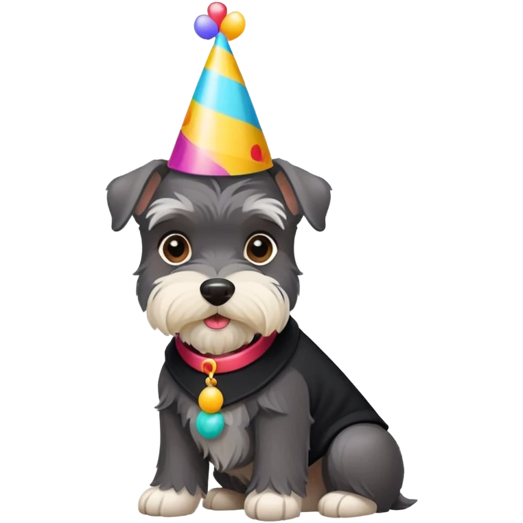A schnauzer dog wearing a colorful birthday hat emoji