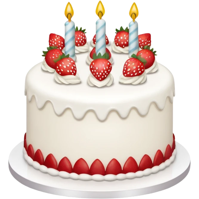 white cake with strawberries and a Happy Birthday cake topper emoji