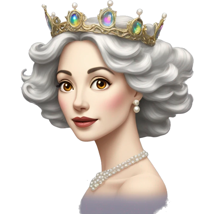Regal pretty slender middle age woman photograph defined cheekbones high cheekbones crown vintage with very long iridescent black and silver hair wavy long hair pearl crown iridescent emoji