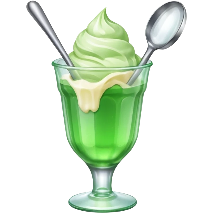 Create an emoji with a clear rounded glass, bright transparent green soda, vanilla ice cream scoop emoji