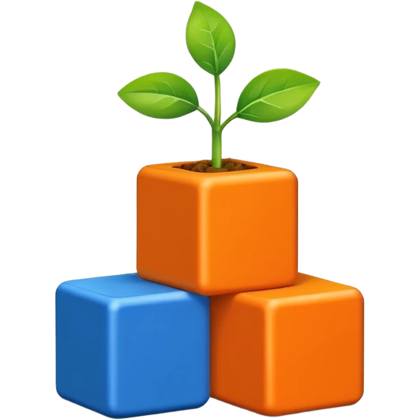 Три разноцветных строительных кубика (синий и оранжевый), сложенных друг на друга, из верхнего кубика растет маленький зеленый росток. Символ начала и роста. emoji