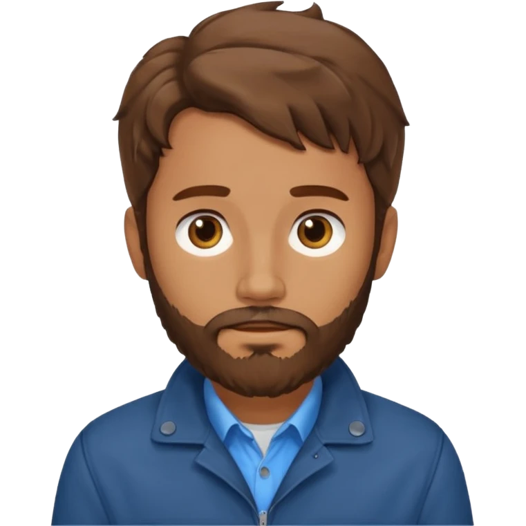 Avatar of a bearded man with wavy brown hair, wearing a brown jacket over a blue shirt, on a light blue background. emoji