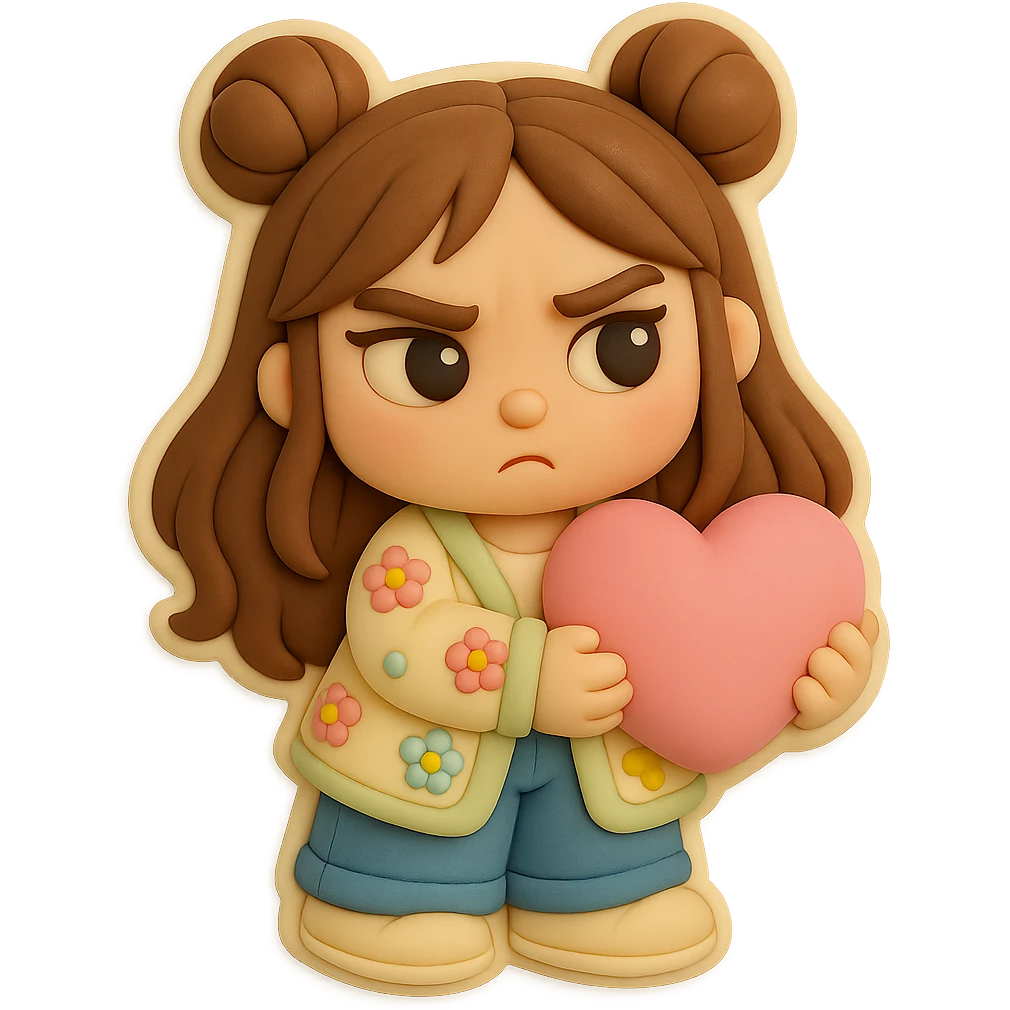 3D chibi fondant cake art style, high-quality rendering with smooth shadows and soft gradients. Girl based on reference image preserving facial features and eye shape exactly as in the reference. Long brown hair in two space buns, brown eyes, jeans, pastel floral cardigan, shoes. Thick white outline like a sticker, transparent background. Holding a big soft pink heart in her hands. Ensure the face, hairstyle, eye shape, and shoes match the reference exactly. emoji
